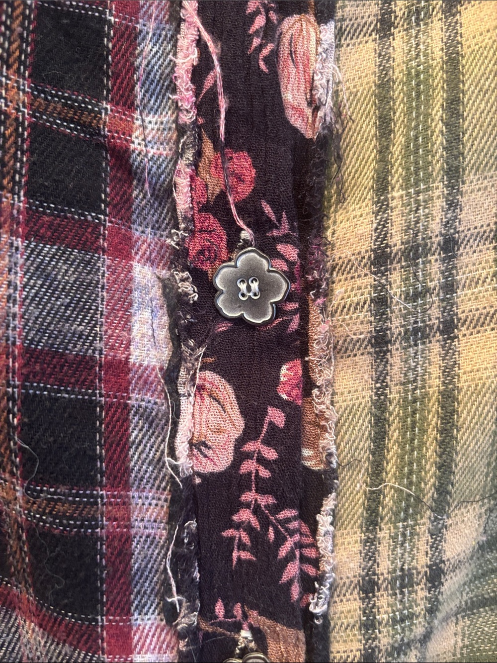 POL | Patchwork Plaid & Floral Jean Jacket in Olive, Burgundy, Cream Sz L - Picture 7 of 10